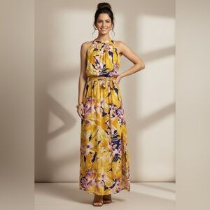 New York & Company Floral Halter Maxi Dress Colorful Vacation Wedding LARGE